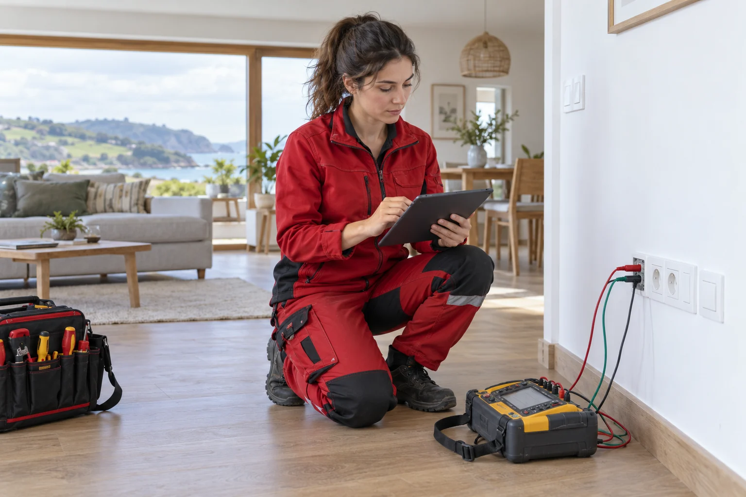 Profesional con uniforme rojo: boletines eléctricos