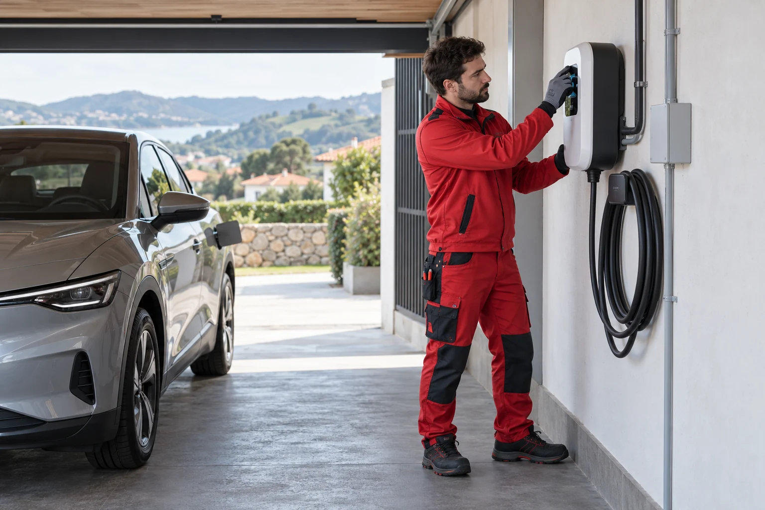 Profesional con uniforme rojo: cargadores de vehículos eléctricos