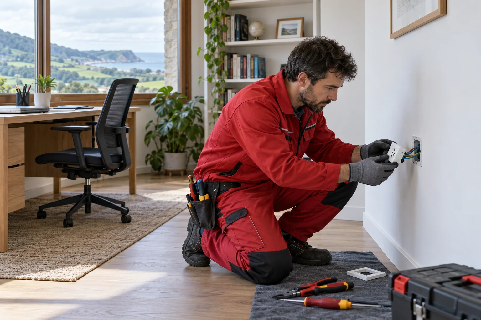 Profesional con uniforme rojo: enchufes e interruptores
