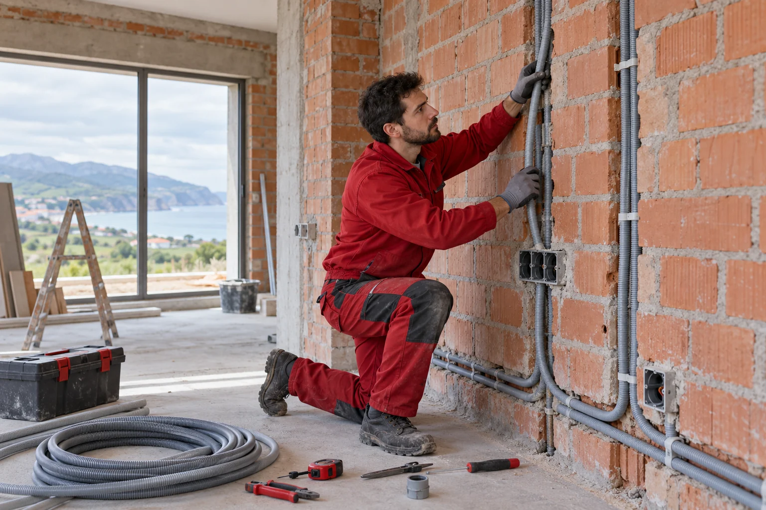 Profesional con uniforme rojo: instalaciones eléctricas