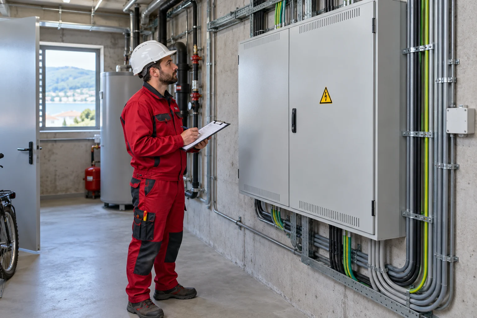 Profesional con uniforme rojo: mantenimiento eléctrico